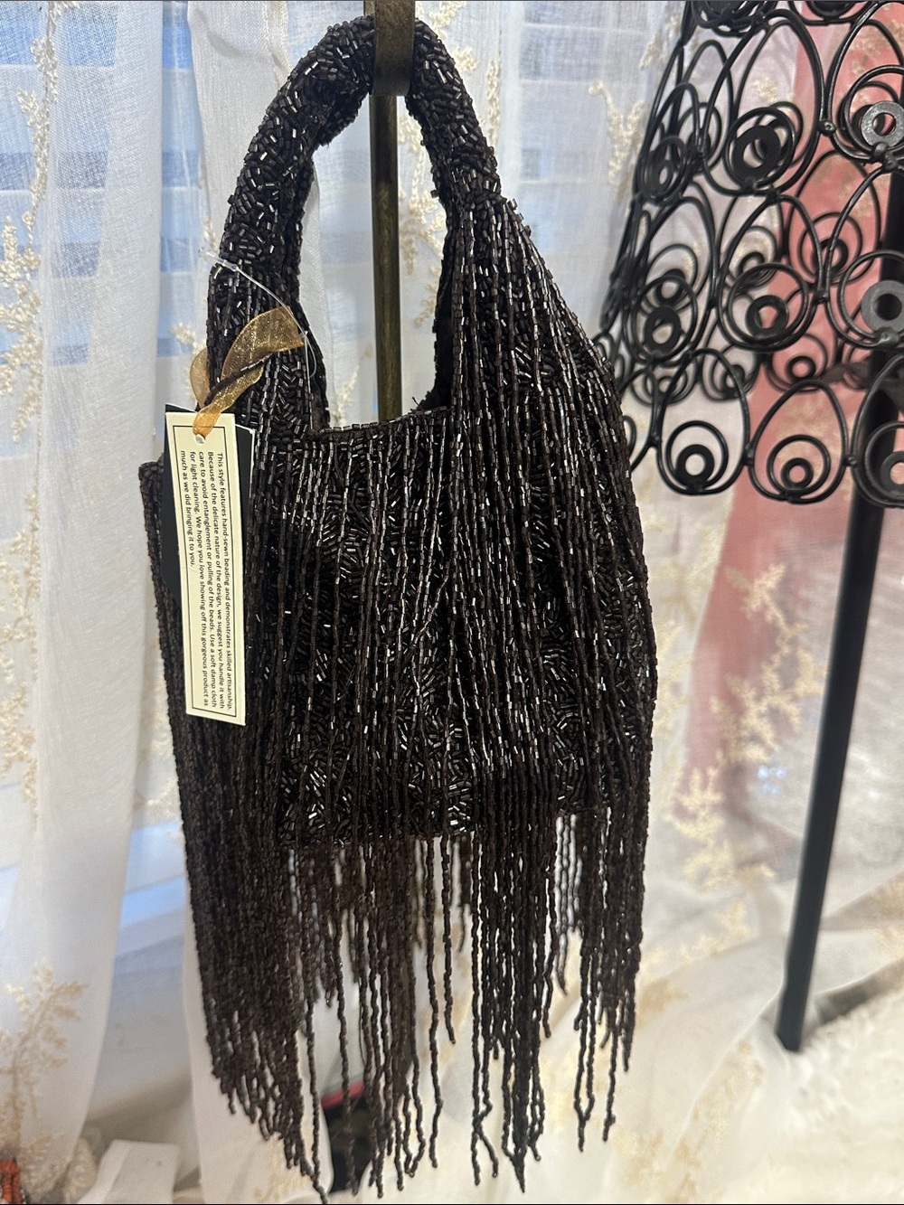 From India to you chocolate brown beaded fringe bag